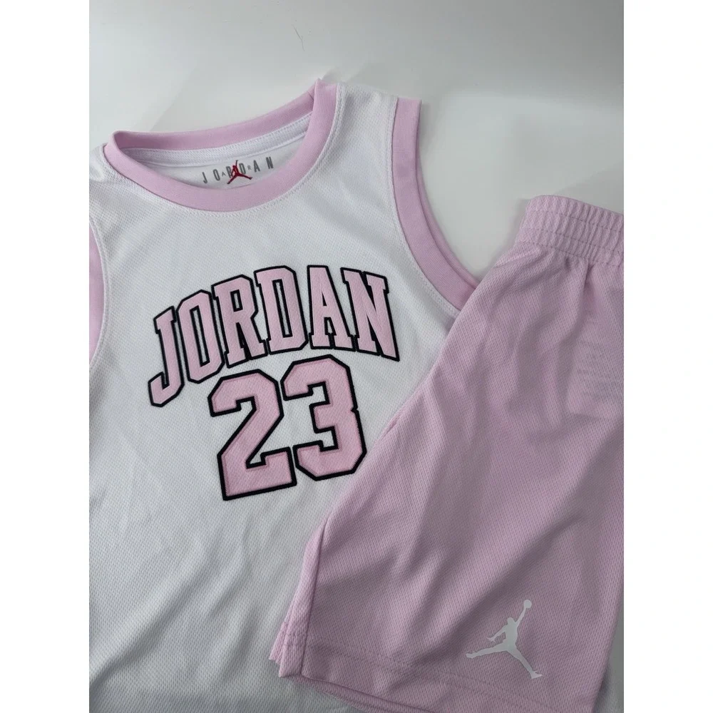 Jordan Girls 2 Piece Short Set Pink Mesh Jersey Tank Shorts Outfit Size 6 NWT